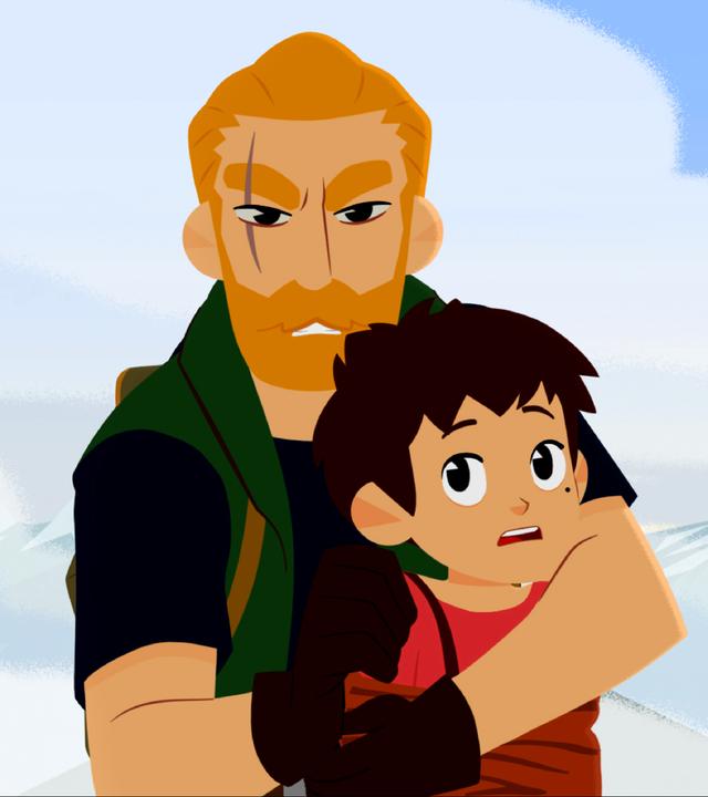 Anton hält Sebastian fest und guckt sehr böse. Sebastian sieht ängstlich aus.