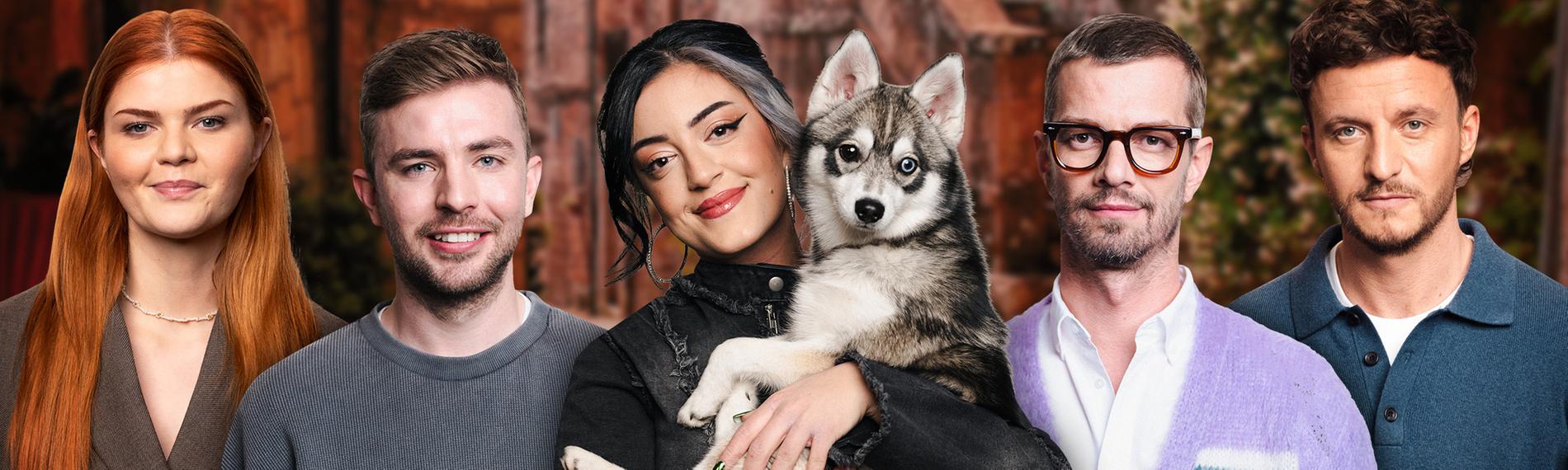 Sophie Passmann, Christoph Kramer, Parshad mit Hund und Tommi Schmitt vor italienischem Hintergrund.