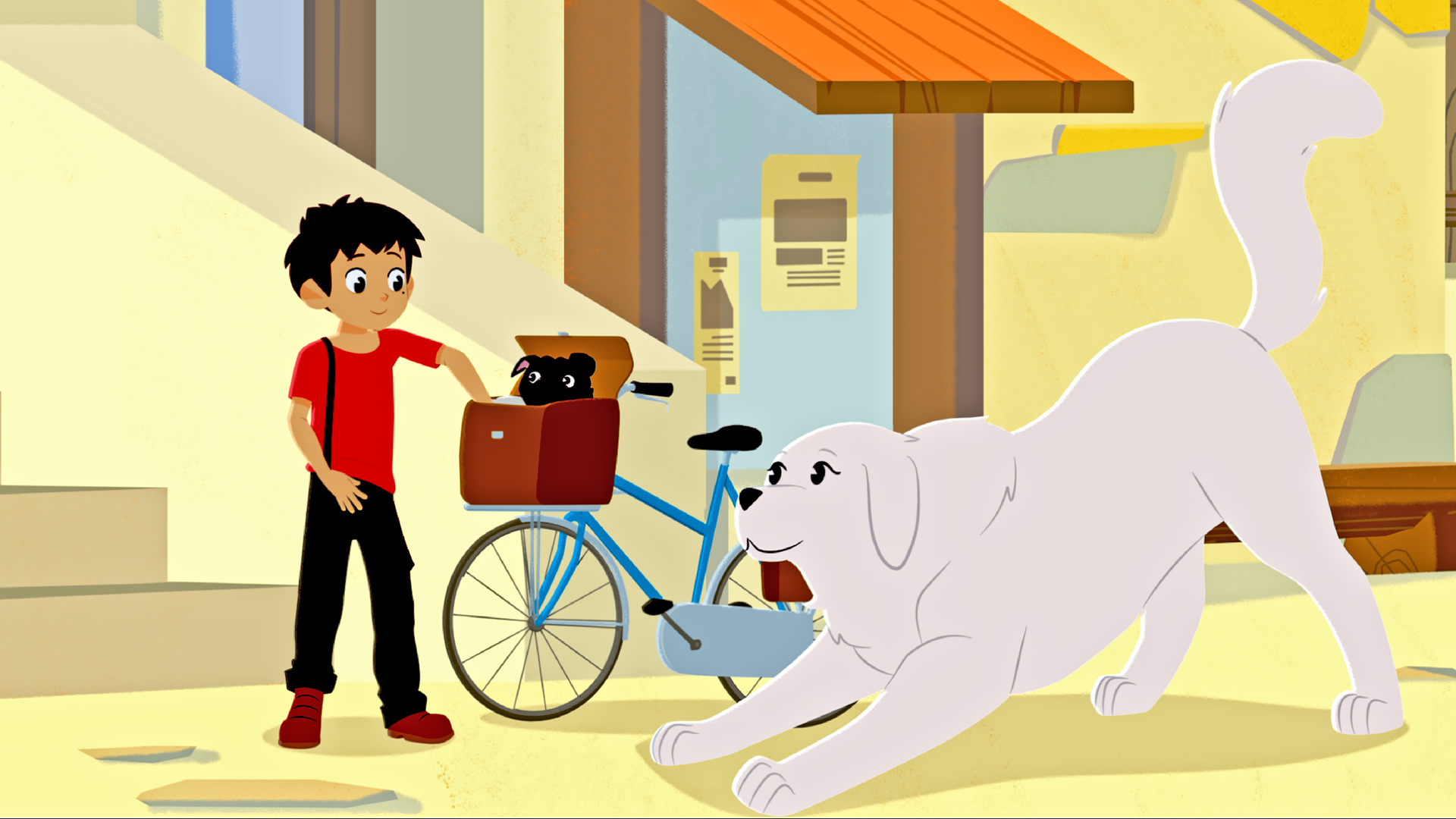 Sebastian ist mit dem Fahrrad unterwegs. Er hat vorne auf dem Fahrrad eine Tasche stehen, aus der ein schwarzer Mops rausguckt. Belle ist neben ihm.