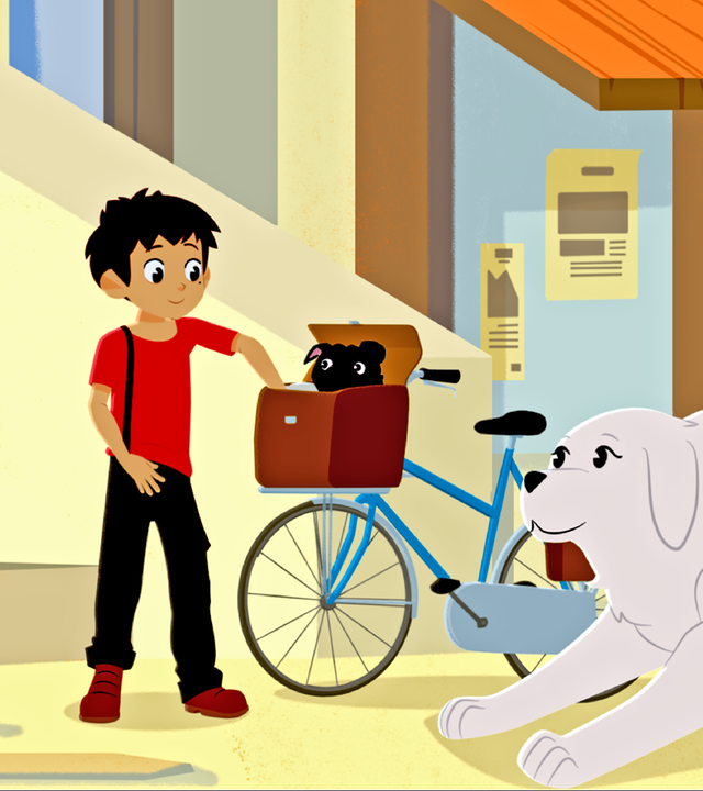 Sebastian ist mit dem Fahrrad unterwegs. Er hat vorne auf dem Fahrrad eine Tasche stehen, aus der ein schwarzer Mops rausguckt. Belle ist neben ihm.