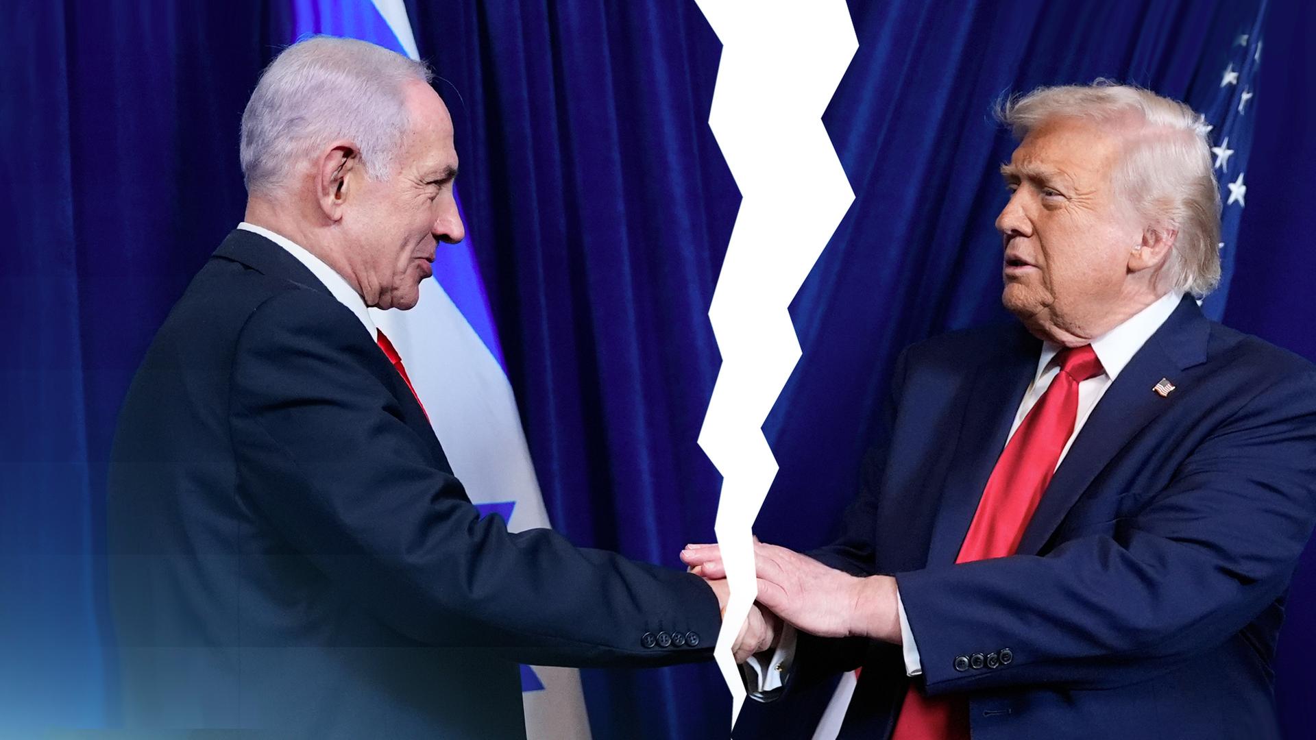Netanjahu und Trump geben sich die Hand. Das Bild sieht aus, als wäre es in der Mitte zerissen.