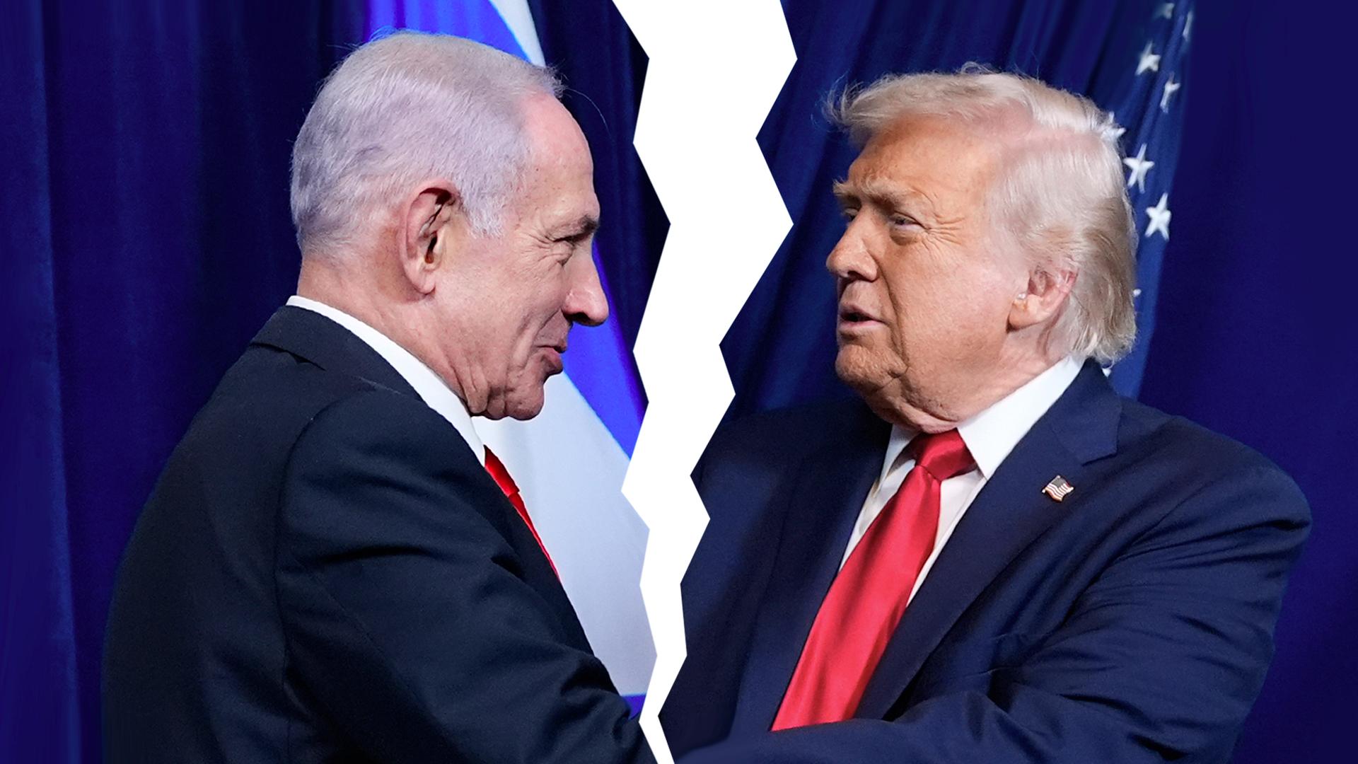 Netanjahu und Trump geben sich die Hand. Das Bild sieht aus, als wäre es in der Mitte zerissen.