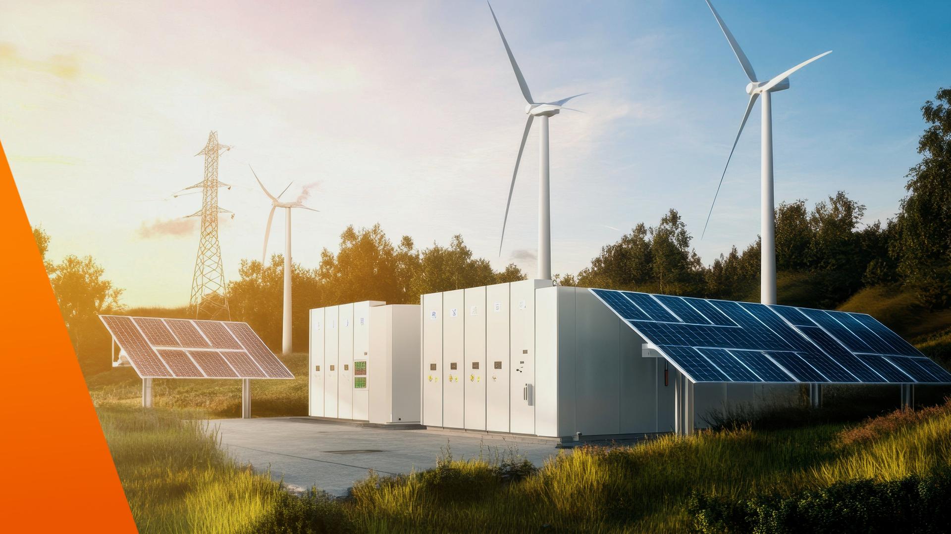 Typical Erneuerbare Energien: Windräder, Solaranlagen im freien Gelände
