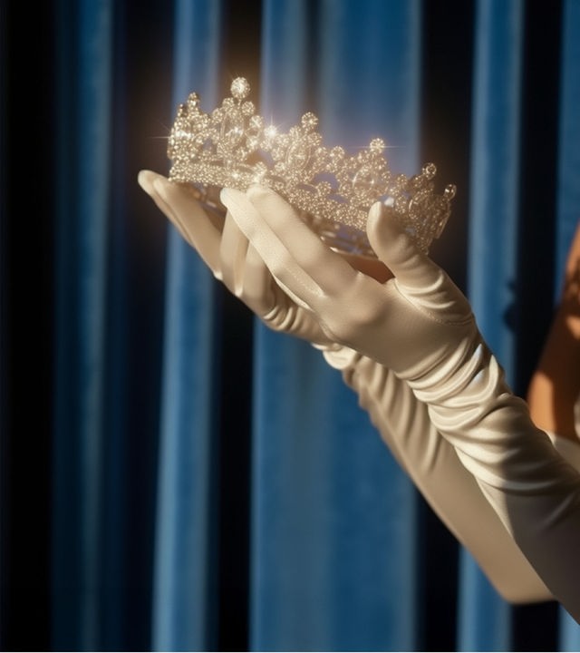 Zwei behandschuhte Hände halten eine mit Diamanten besetzte Krone in die Höhe.