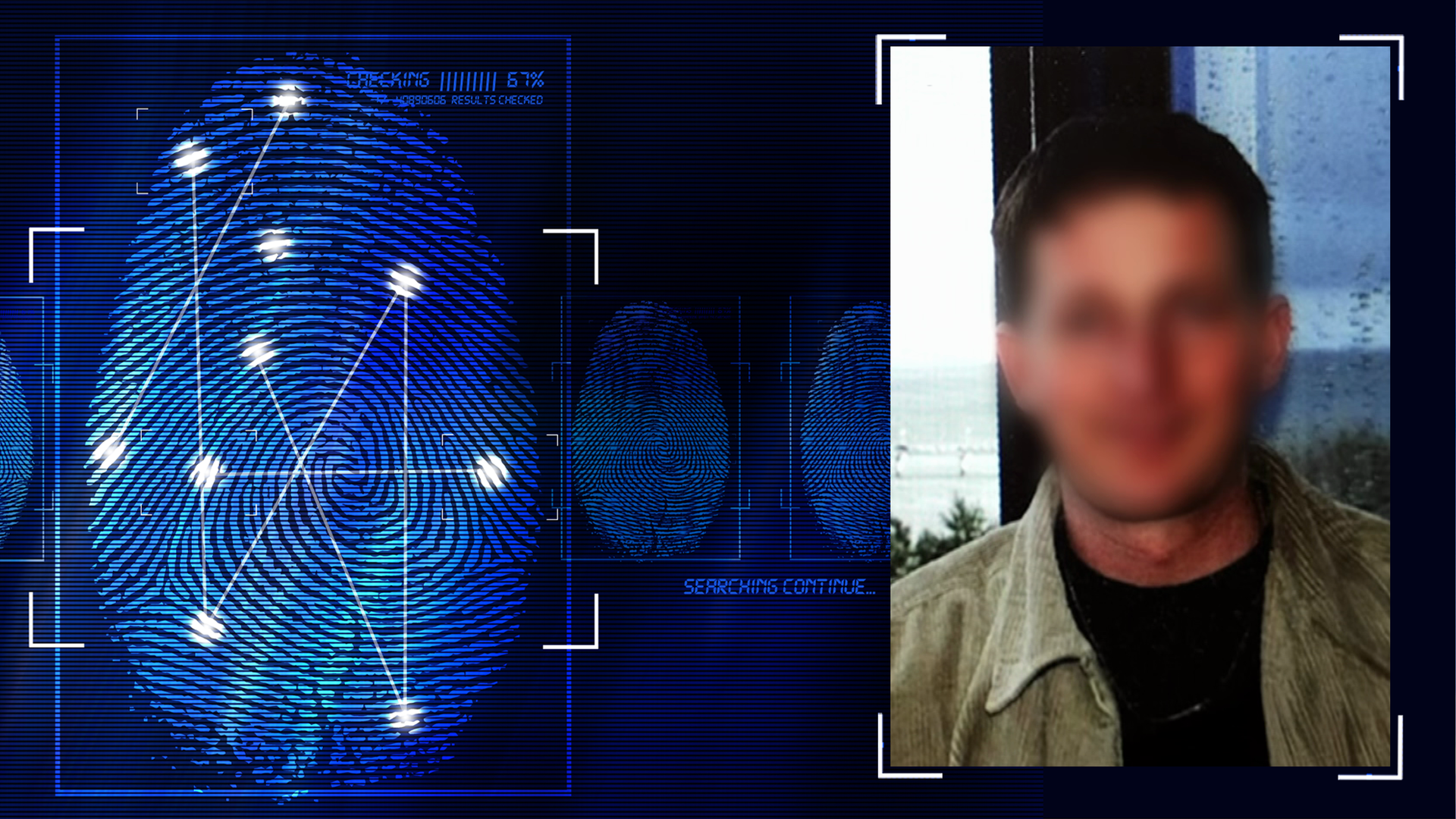 Portraitfoto eines Mannes mit schwazen Haaren, beigem Bluson und schwarzem T-Shirt. Im Hintergrund ist ein Fenster zu sehen. Das Gesicht wurde im Bild unkenntlich gemacht. Links daneben: Lichtschematische Darstellung eines Fingerabdrucks.