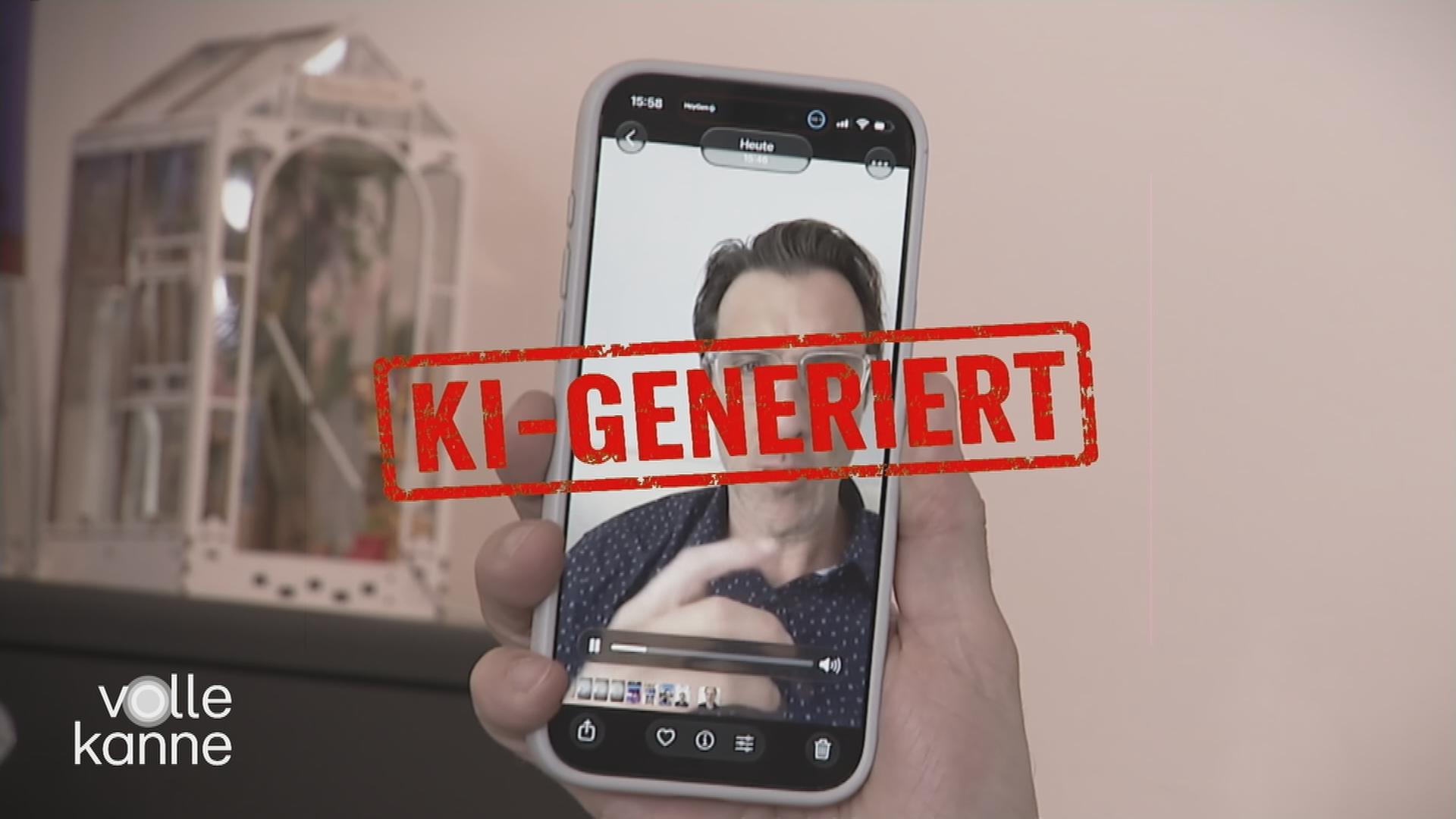 Das Bild zeigt ein Handy mit dem Schriftzug "KI generiert".