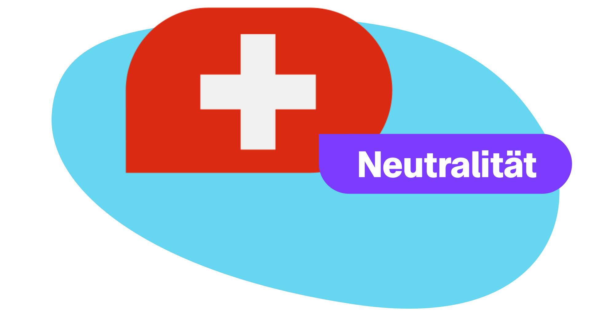 Schweizer Flagge vor blauem Hintergrund, rechts daneben der Schriftzug „Neutralität“ in einem violetten Feld.