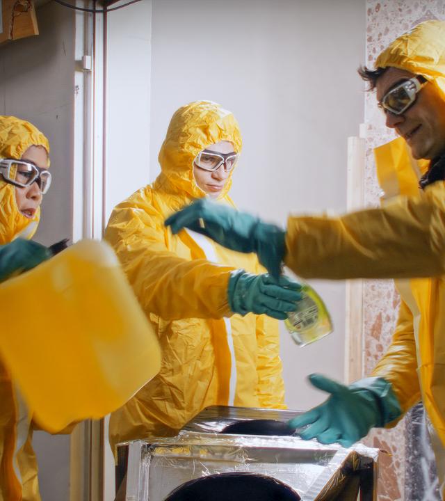 Mai Thi Nguyen-Kim, Lutz van der Horst und Fabian Köster tragen Schutzbrillen und gelbe Schutzanzüge und hantieren mit gelben Kanistern. 