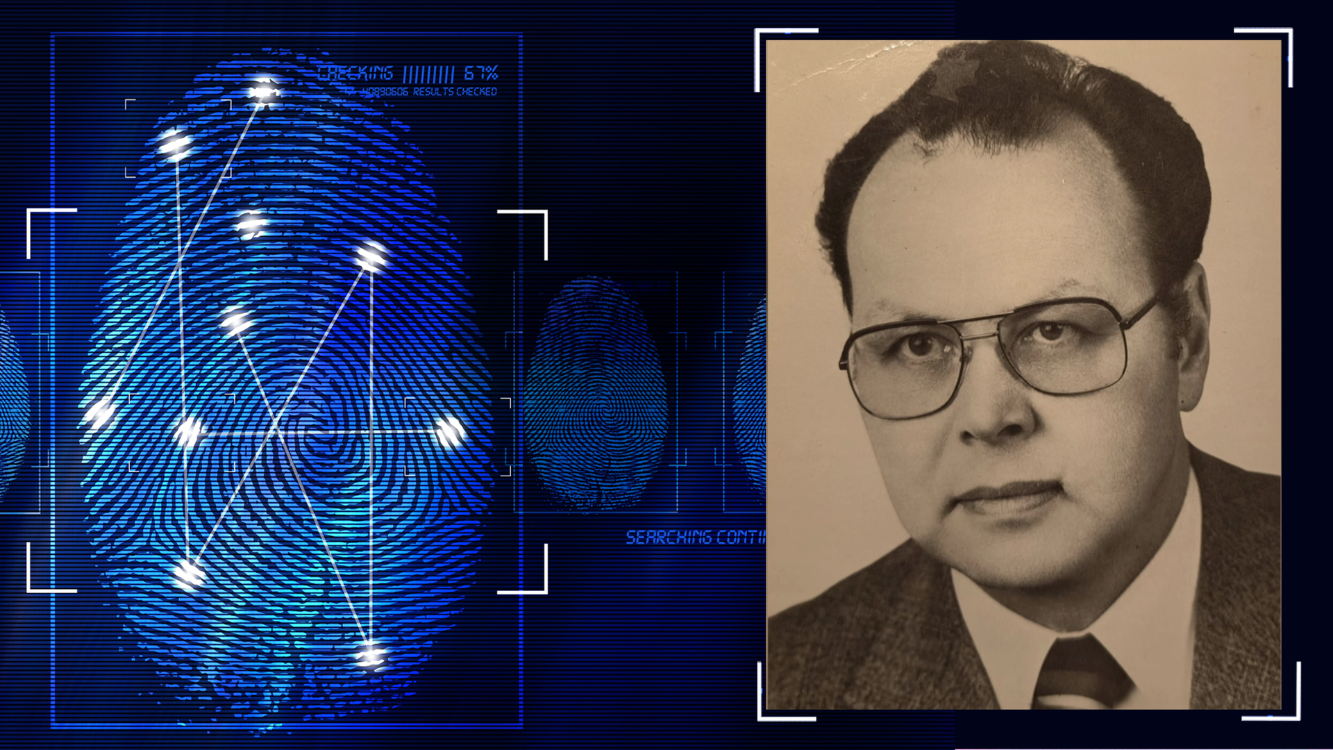 s/w-Portraitfoto eines Mannes, ca. 50 Jahre, lichtes Haar, Brille mit schmalem Rahmen. Im Anschnitt ist ein Anzug, eine Krawatte und ein weißes Hemd zu sehen. Links daneben: Lichtschematische Darstellung eines Fingerabdrucks.