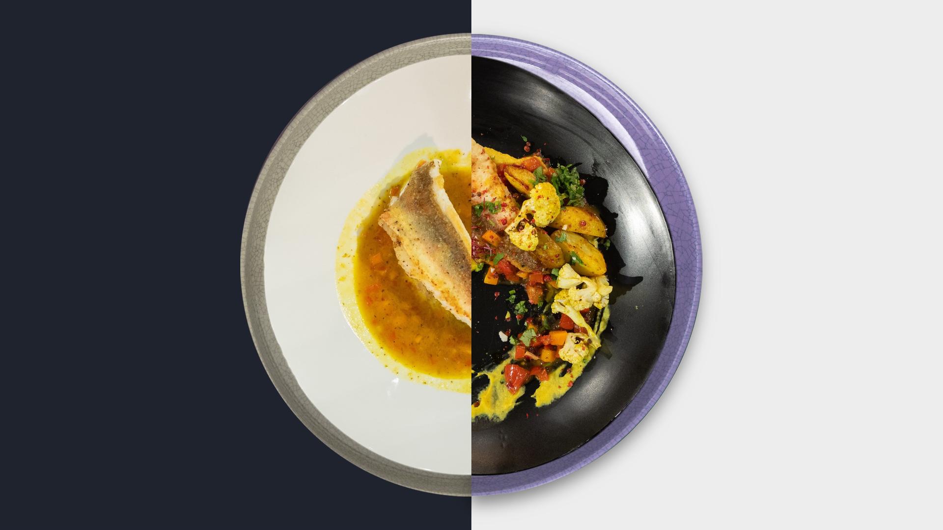 Knurrhahn „en escabèche“ mit zweierlei Blumenkohl und Harissa-Wedges