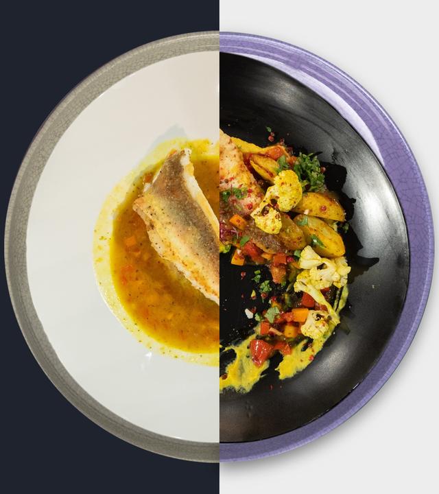 Knurrhahn „en escabèche“ mit zweierlei Blumenkohl und Harissa-Wedges