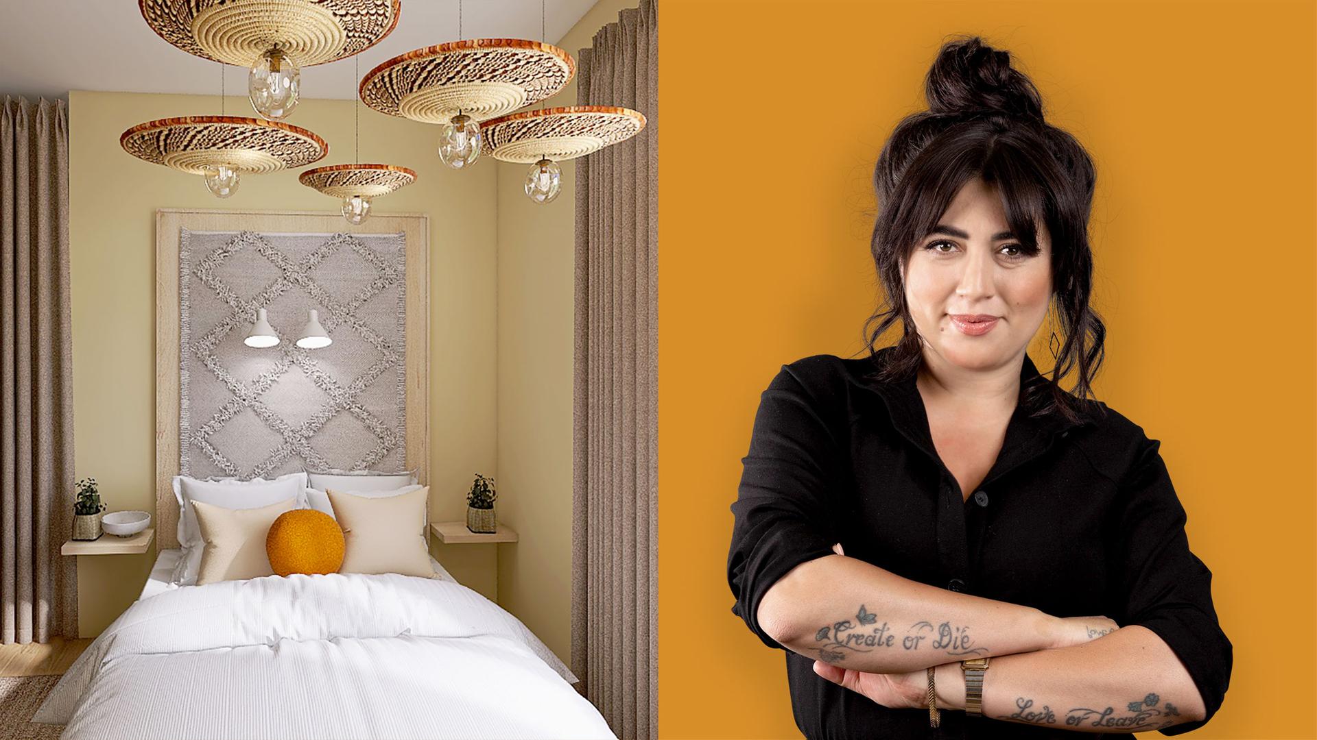 Bett mit Wandteppich und Frau mir Hammer in der Hand.