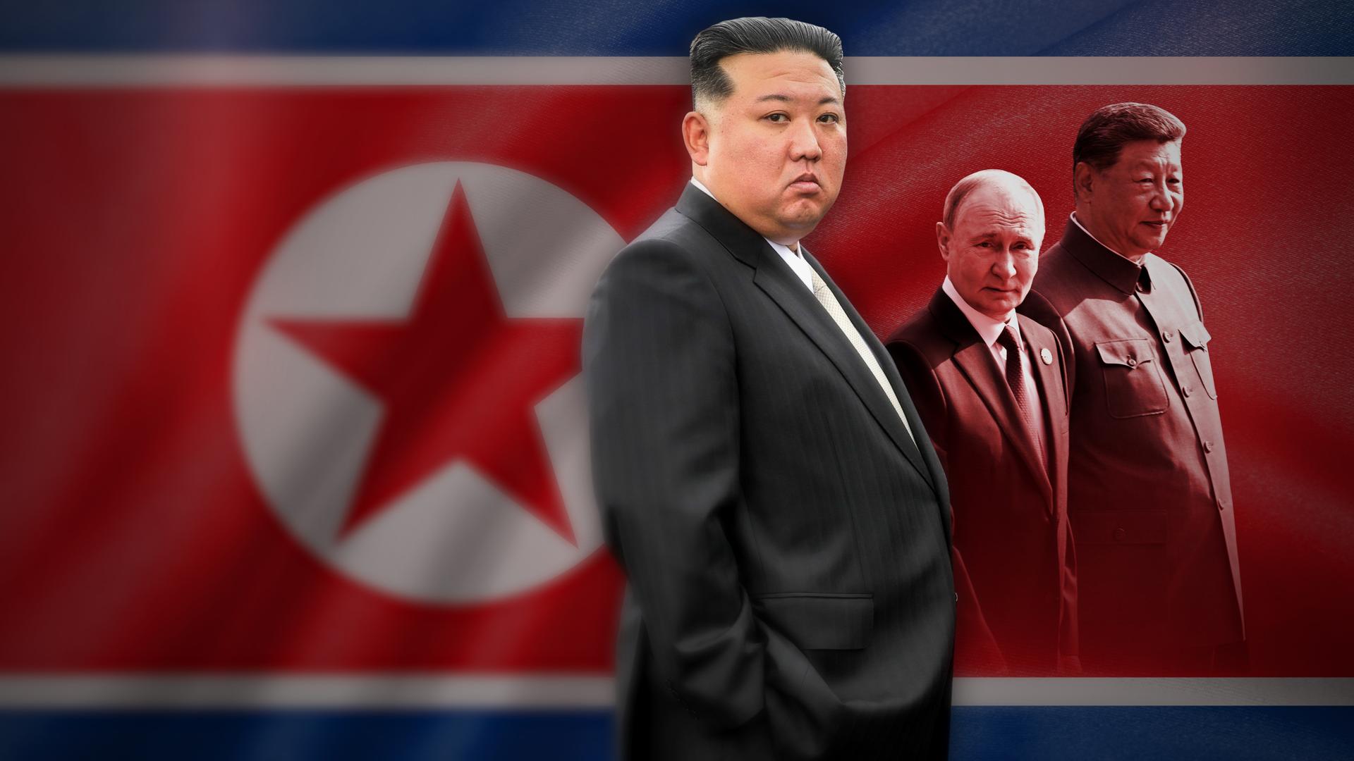 Collage: Zentral steht Kim Jong Un in lässiger Pose, kleiner neben ihm stehen Putin und Xi Jinping, im Hintergrund groß die Flagge von Nordkorea