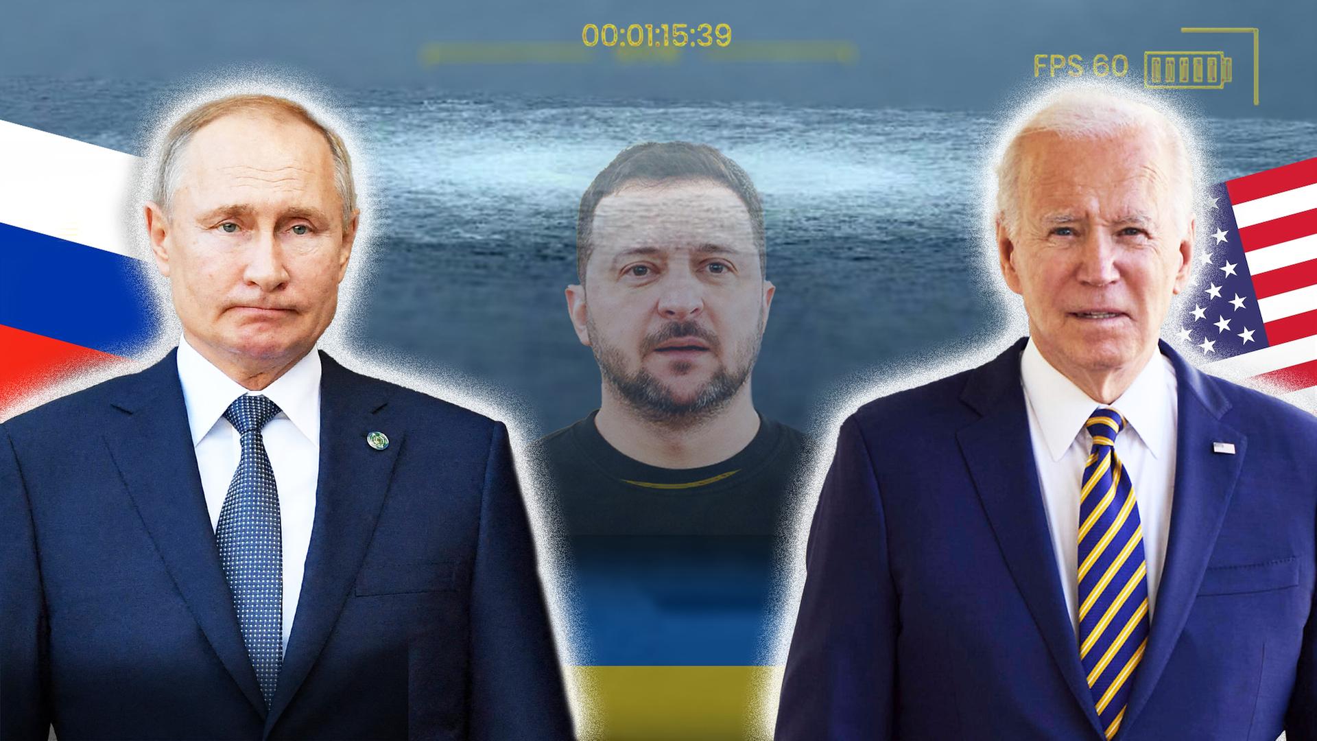 Eine Colalge mit Putin links im Vordergrund und Biden rechts im Vordergrund. Hintergrund: Nordstream-Sprengung.