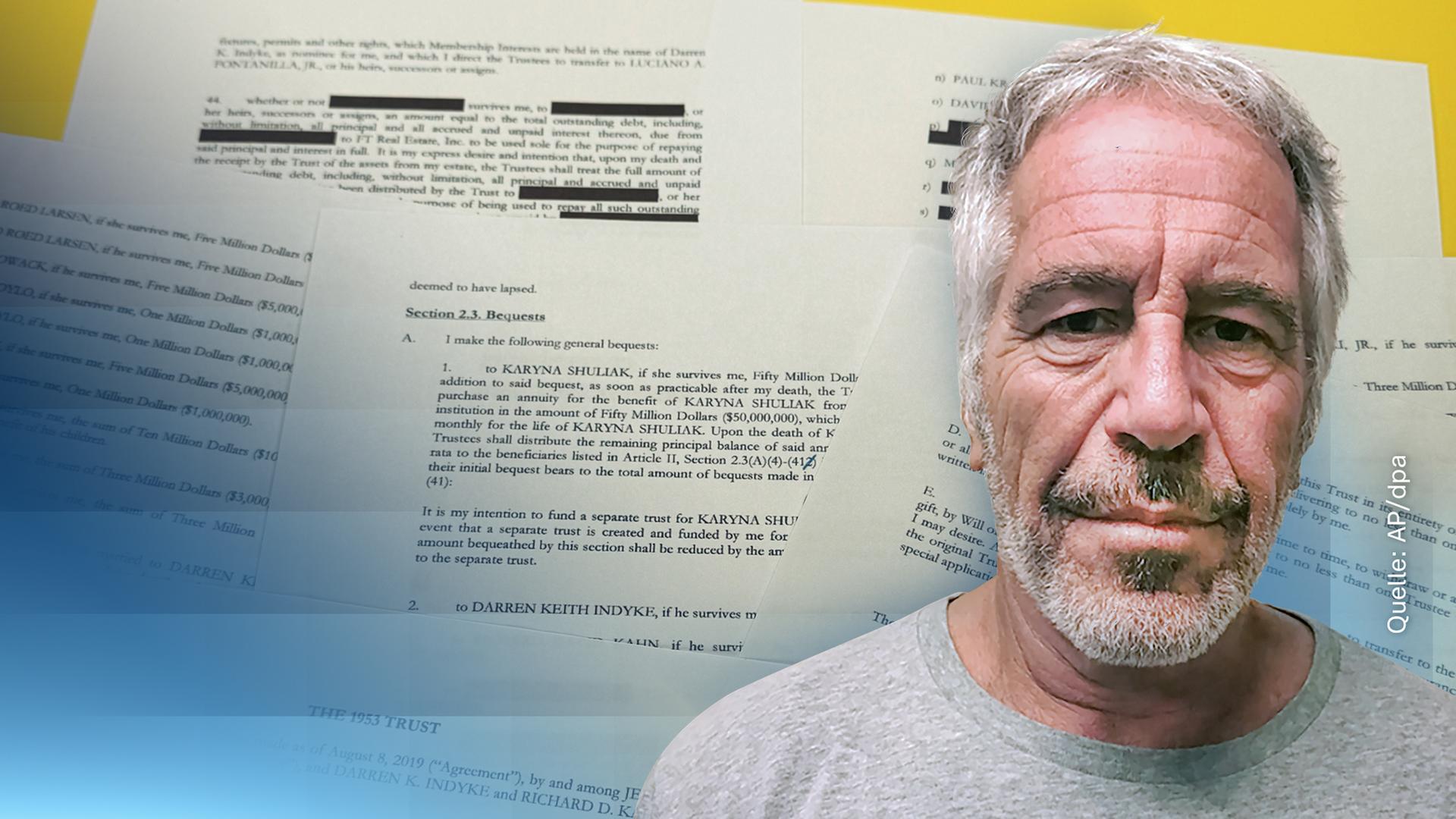 Das Bild von Jeffrey Epstein bei seiner Inhaftierung in 2019 und im Hintergrund ist ein Bild der sogenannten Epstein-Akten zu sehen