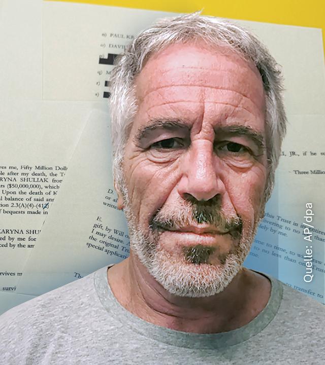 Das Bild von Jeffrey Epstein bei seiner Inhaftierung in 2019 und im Hintergrund ist ein Bild der sogenannten Epstein-Akten zu sehen