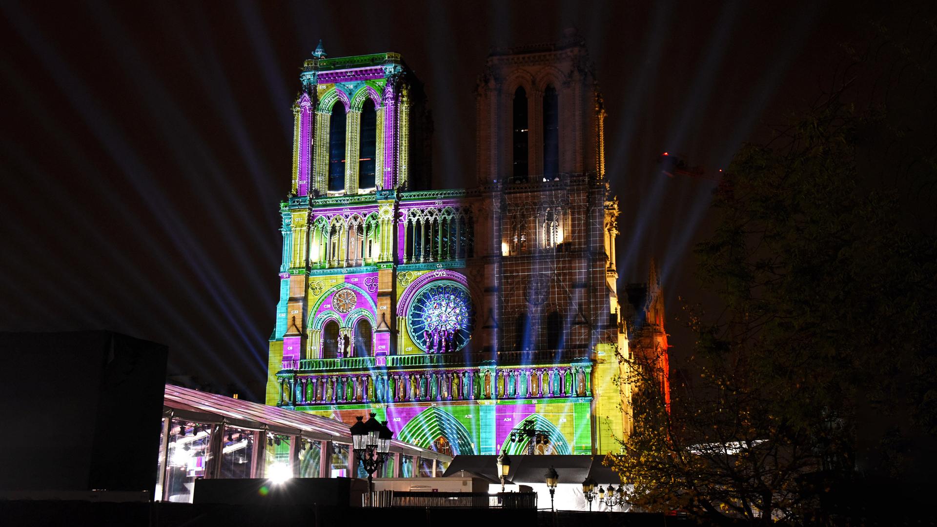Die Kathedrale Notre Dame de Paris wird bei Nacht mit bunten Lichtern angestrahl.