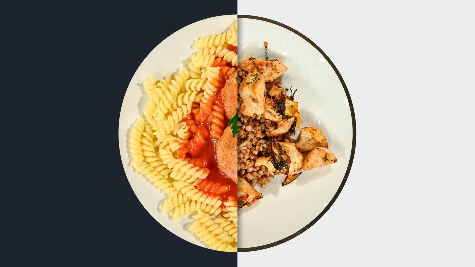 Nudeln mit Tomatensauce vs. Hähnchen mit Buchweizen