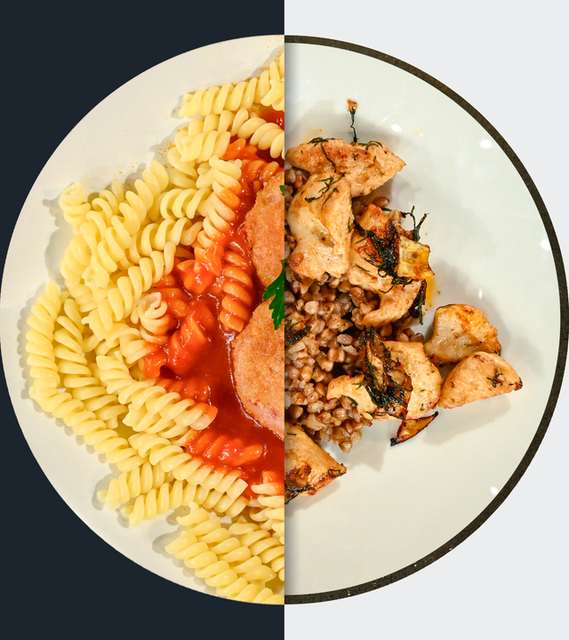 Nudeln mit Tomatensauce vs. Hähnchen mit Buchweizen