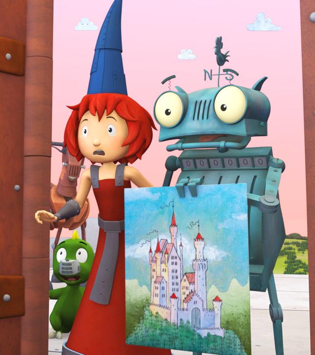 Ritter Rost, Bö und Koks halten eine Zeichnung der Eisernen Burg in den Händen und stehen erschrocken vor dem Ehrlichen Enzo.