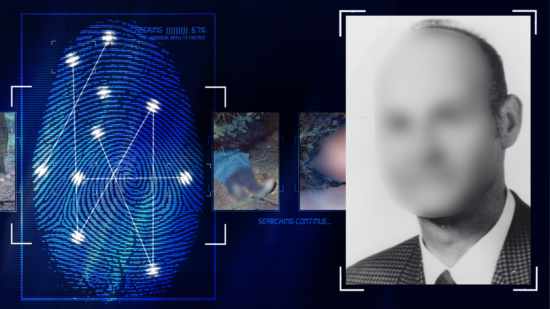 Portraitfoto eines Mannes. Er trägt einen karierten Anzug, weißes Hemd, Krawatte. Das Gesicht wurde technisch verfremdet. Links daneben: Lichtschematische Darstellung eines Fingerabdrucks.