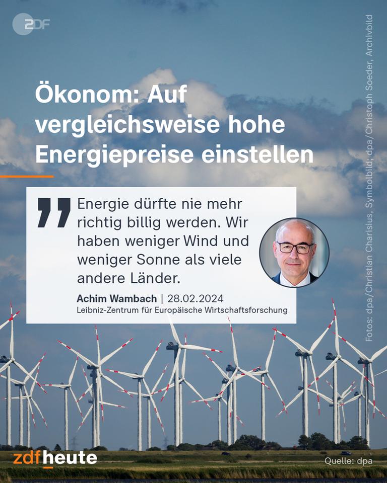 Ökonom Achim Wambach ist im Portrait zu sehen. Im Hintergrund erscheint ein Windpark.