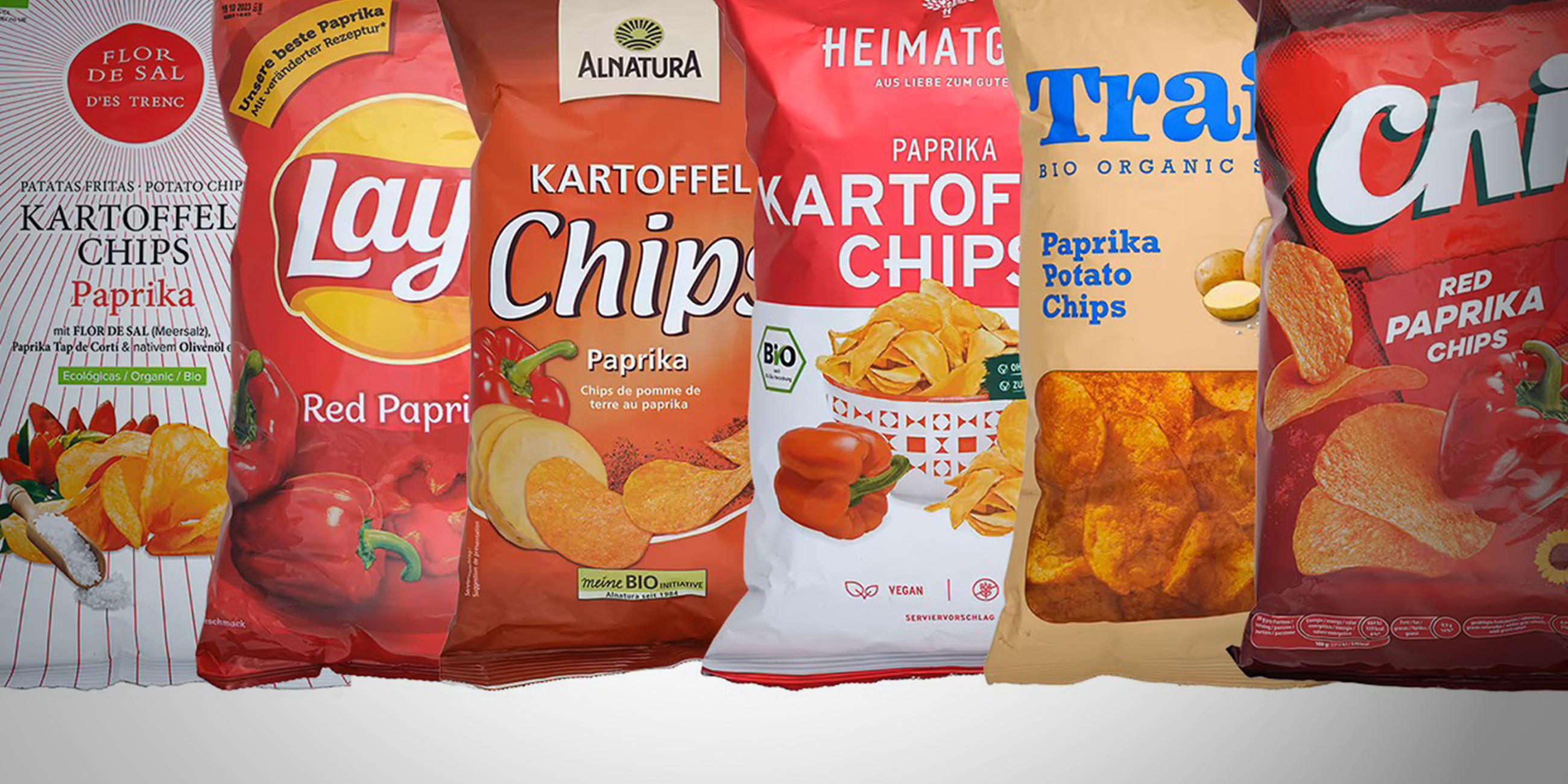 20 Packungen Kartoffelchips mit Geschmacksrichtung Paprika wurden getestet, darunter sieben Bio-Produkte.
