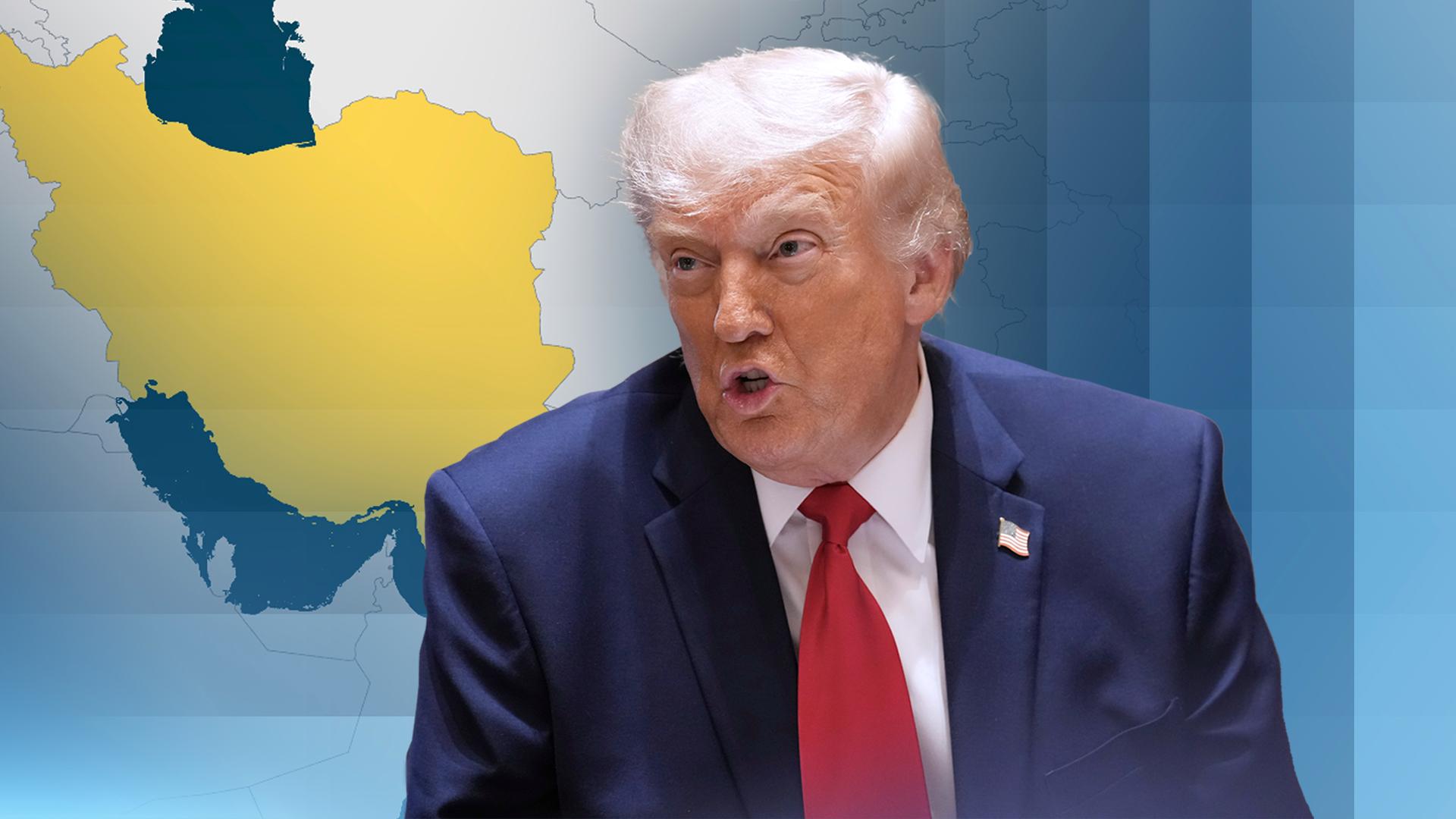 US-Präsident Trump wird vor einer Karte mit dem Iran dargestellt