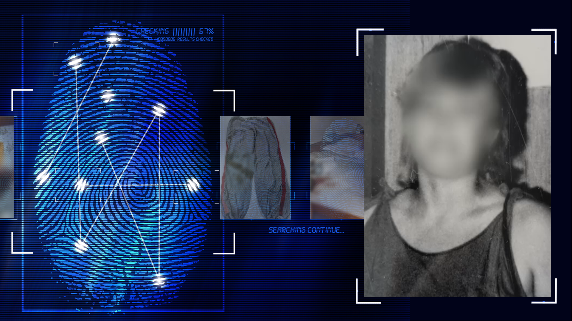 Portraitfoto einer Frau, ca 20 Jahre alt. Schwarzweißbild. Sie trägt ein dunkles ärmelloses Träger-Top. Mittellange Haare, das Gesicht wurde im Bild technisch verfremdet. Links daneben: Lichtschematische Darstellung eines Fingerabdrucks.