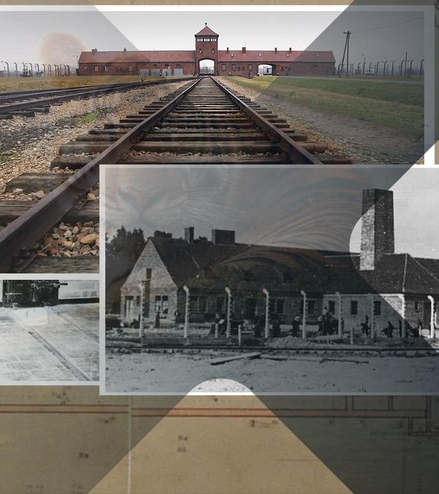 Auschwitz Öfen, Gebäude und Gleisanlage (Collage)