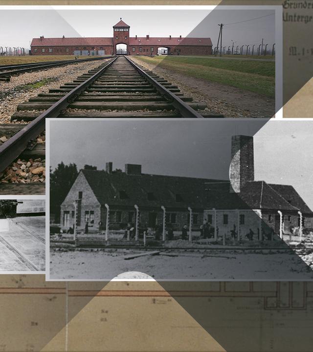 Auschwitz Öfen, Gebäude und Gleisanlage (Collage)