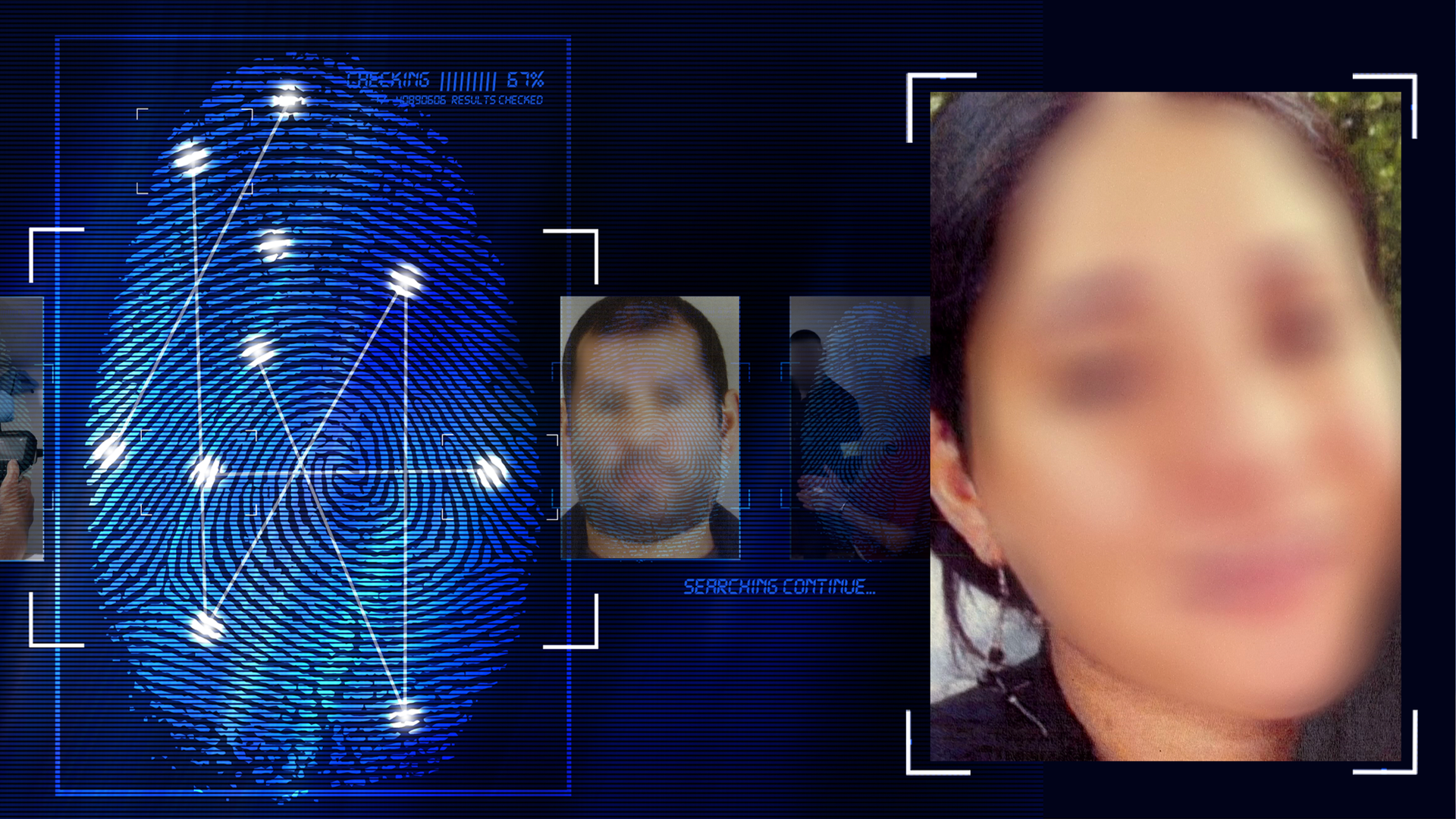 Sehr dichtes Portrait einer 27-jährigen Frau mit dunklen Haaren. Sie trägt mindestens einen Ohrring und ein dunkles Oberteil. Das Gesicht im Bild wurde technisch verfremdet. Im Bildhintergrund sind Bäume zu erkennen. Links daneben: Lichtschematische Darstellung eines Fingerabdrucks.