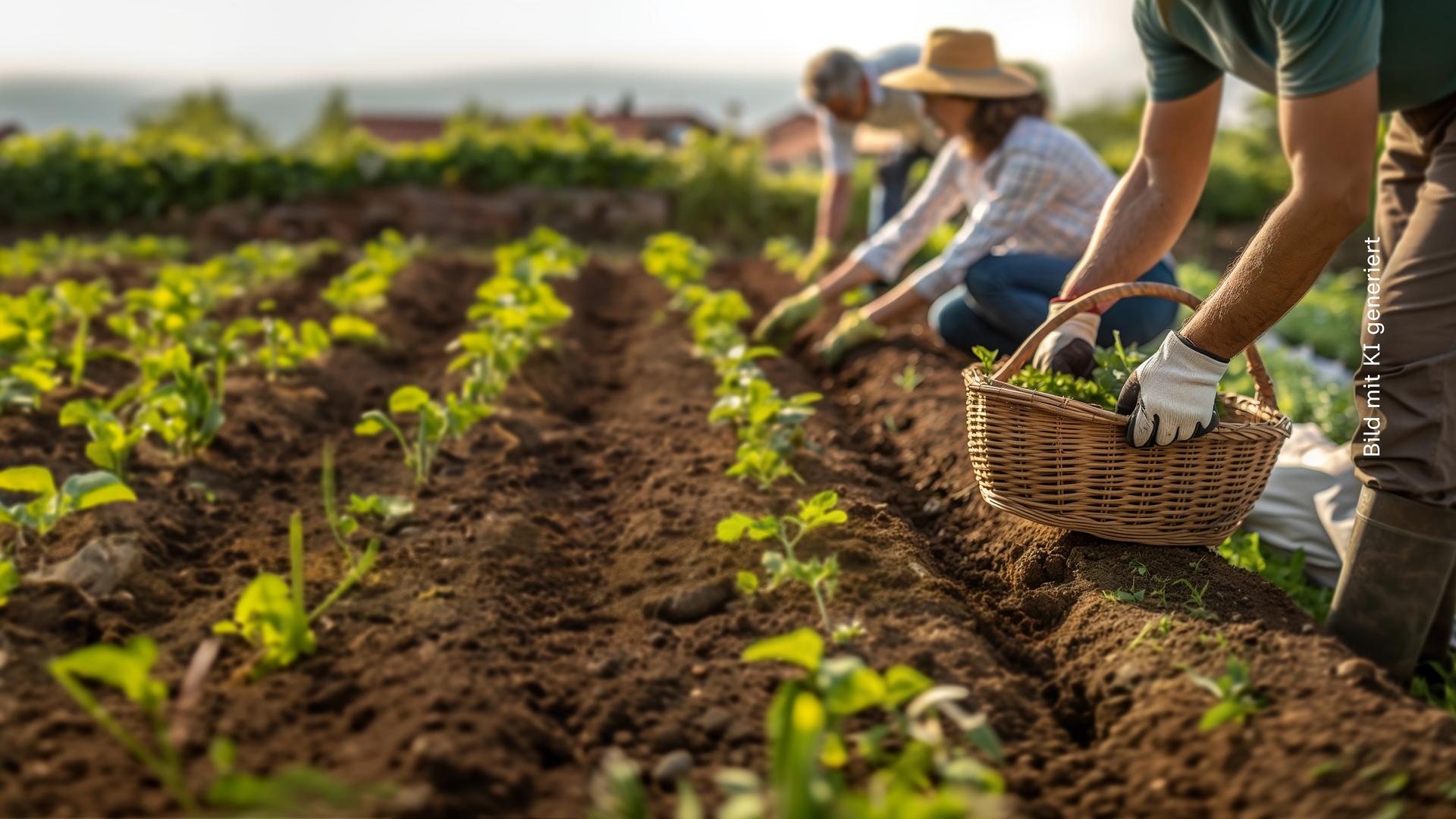 Feldarbeiter knieen auf der Erde eines Ackers und verrichten landwirtschaftliche Arbeit.
