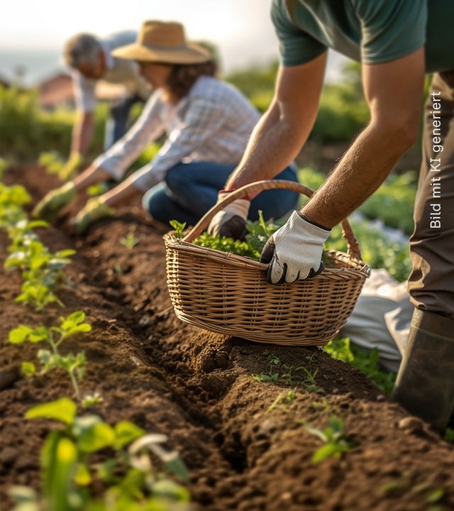 Feldarbeiter knieen auf der Erde eines Ackers und verrichten landwirtschaftliche Arbeit.