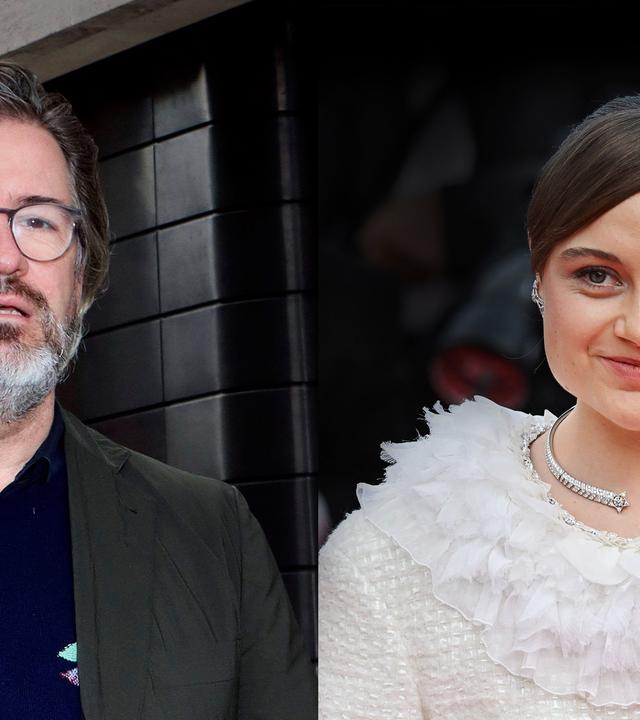 Zwei nebeneinander gestellte Fotos eines Mannes mit graumeliertem Bart und einer jungen Frau im weiß-grauen Kostüm.