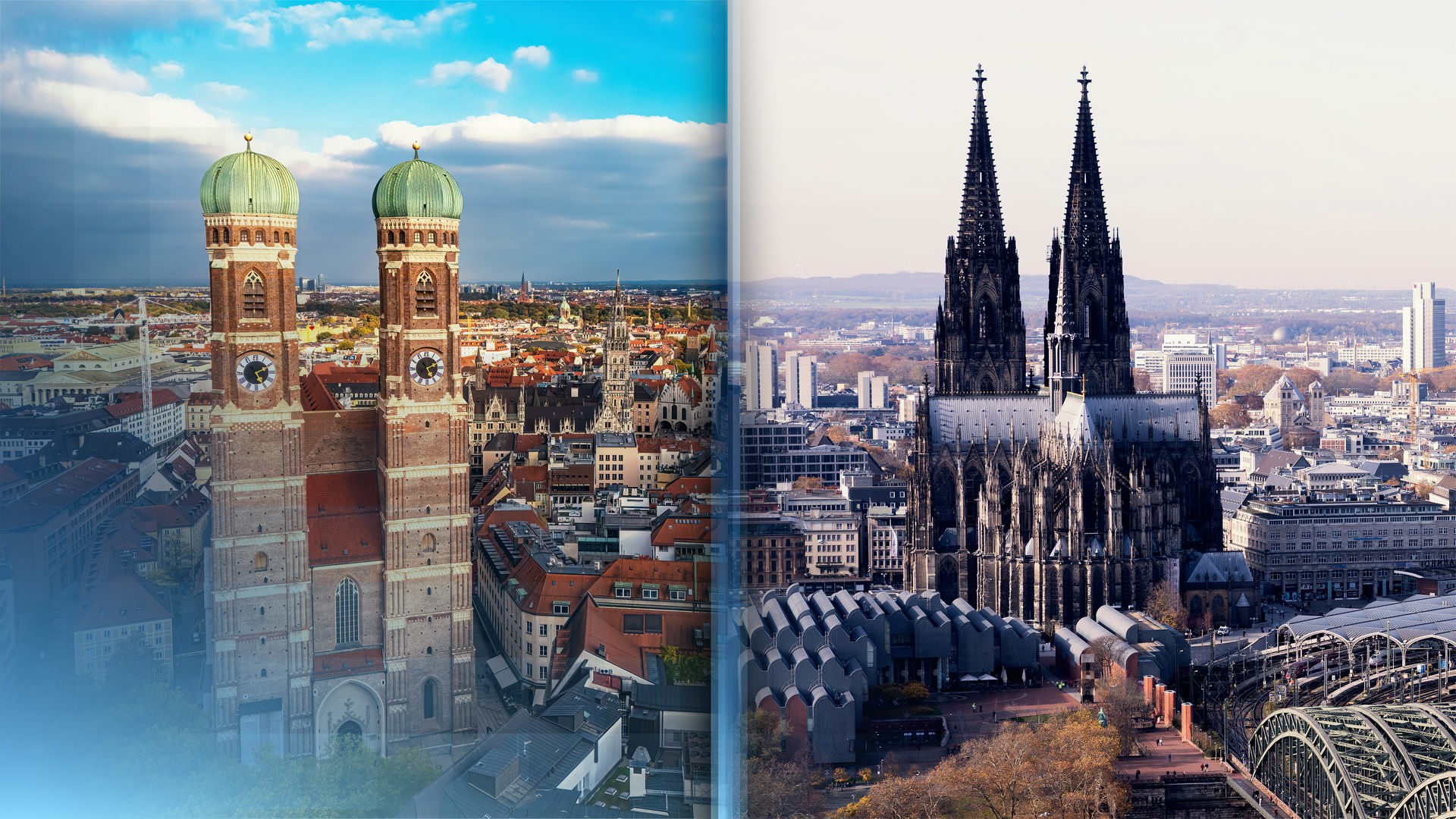 Links ein Stadtbild von München, rechts ein Stadtbild von Köln.