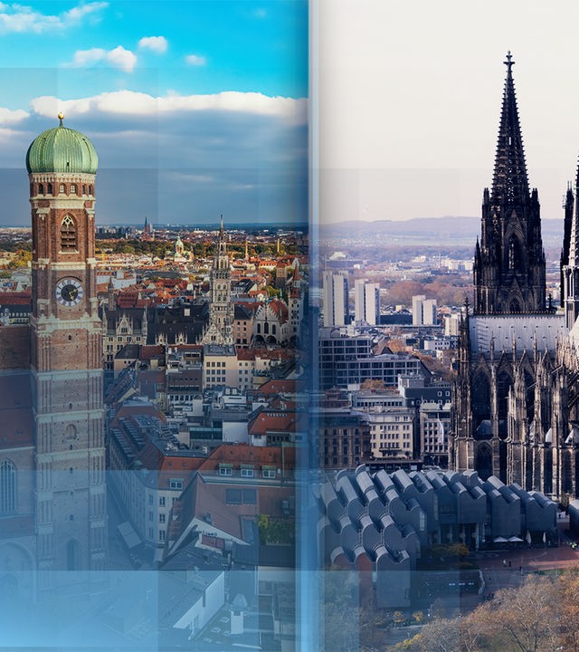 Links ein Stadtbild von München, rechts ein Stadtbild von Köln.