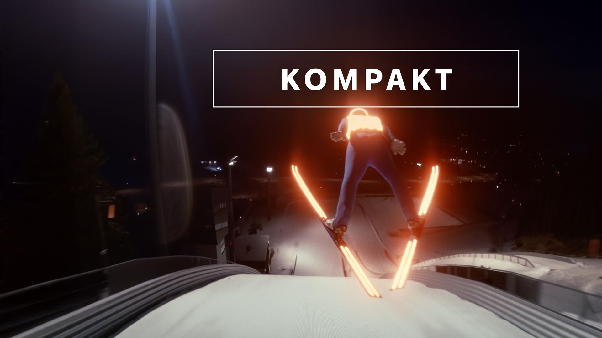 Das Wintersport "KOMPAKT"- Logo vor Skispringer springt von der Schanze
