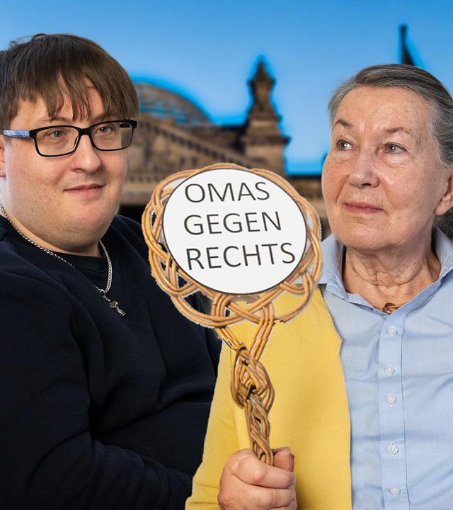 Im Hintergrund ist der Bundestag. Im Vordergrund ist ein junger Mann und eine ältere Frau, die ein Schild hoch hält auf dem "Omas gegen rechts" steht.