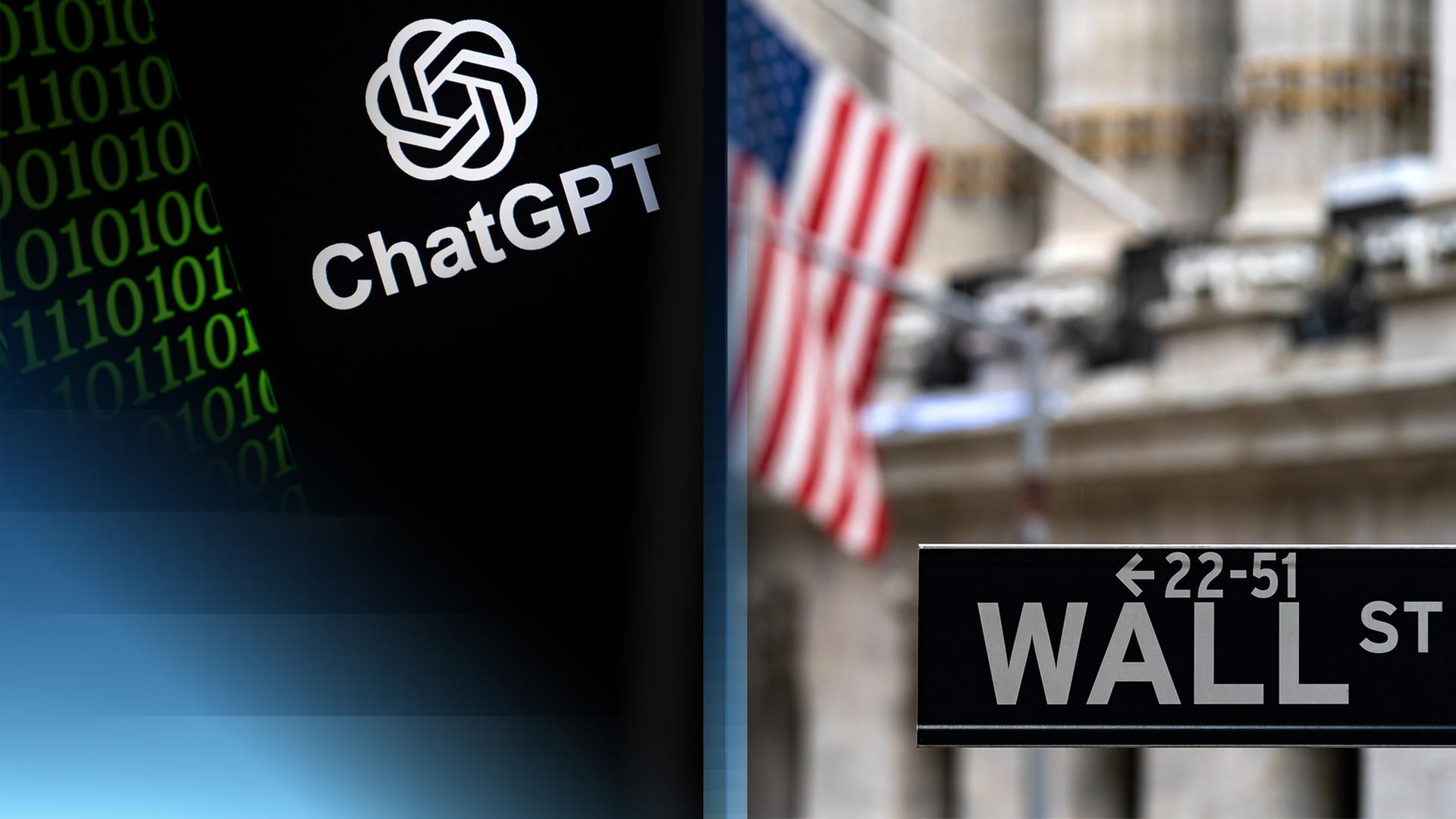 Das ChatGPT-Logo, rechts ein Bild der Wall-Street mit Amerika-Flagge.