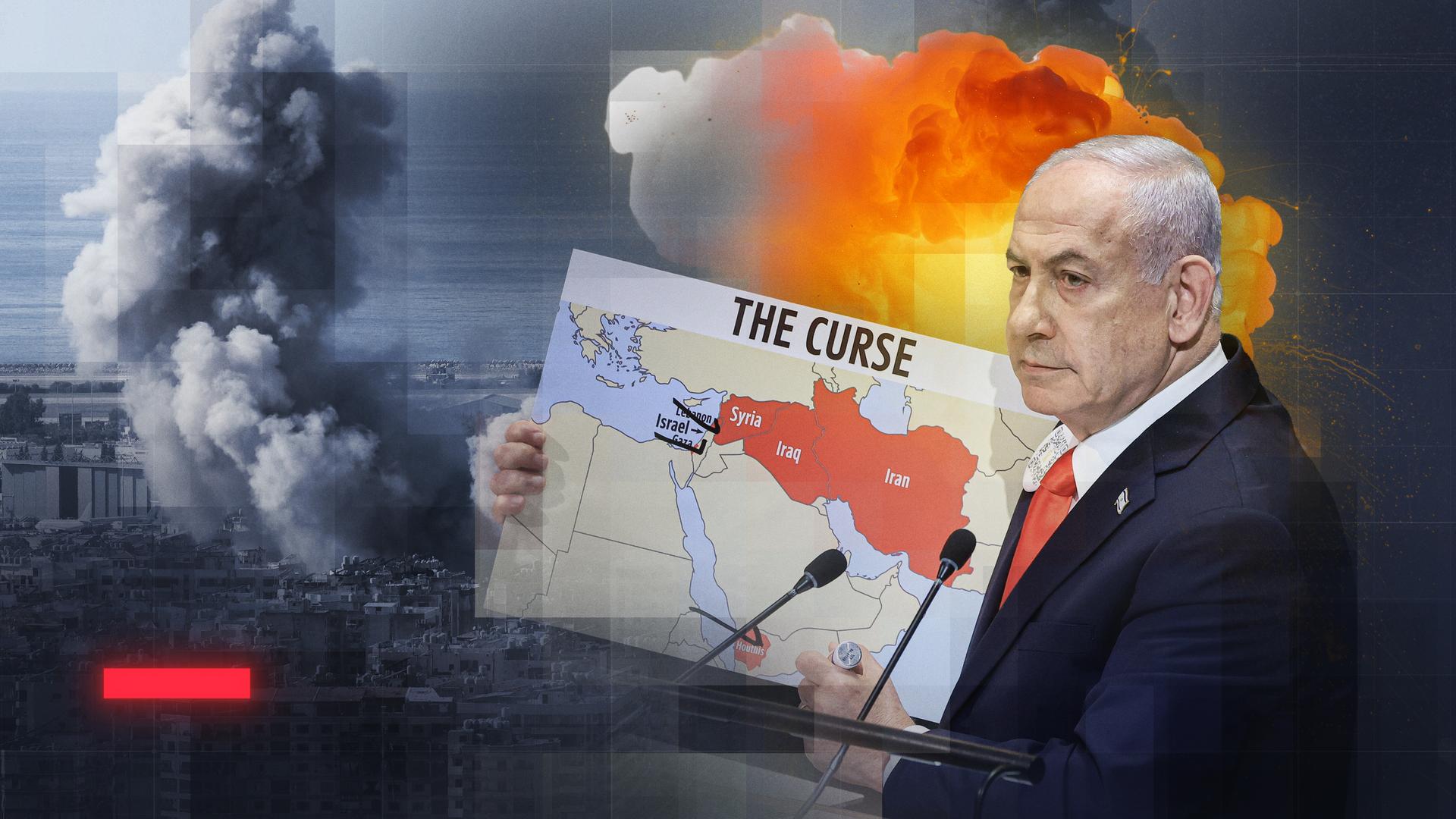 Montage: Rauchwolke über Beiruth nach einem Luftangriff Israels; B. Netanjahu am Rednerpult der UN-Generalversammlung hält Plakat mit Ländern im Nahen Osten hoch