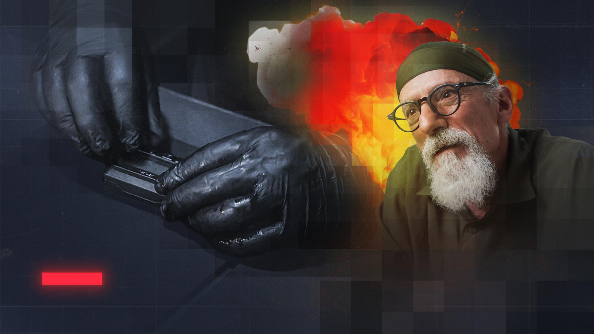 Montage: Hände mit schwarzen Handschuhen arbeiten an einem Pager (links); Mann mit weißem Bart und Brille vor einer Explosionswolke