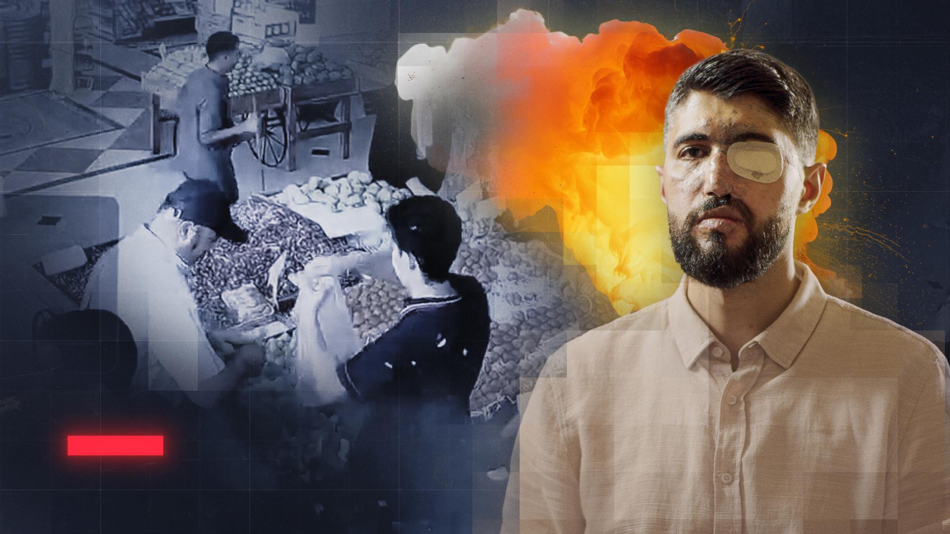 Montage: Menschen auf einem Gemüsemarkt in Beiruth, Libanon; Männliches Opfer mit Narben im Gesicht und Pflaster auf dem Auge