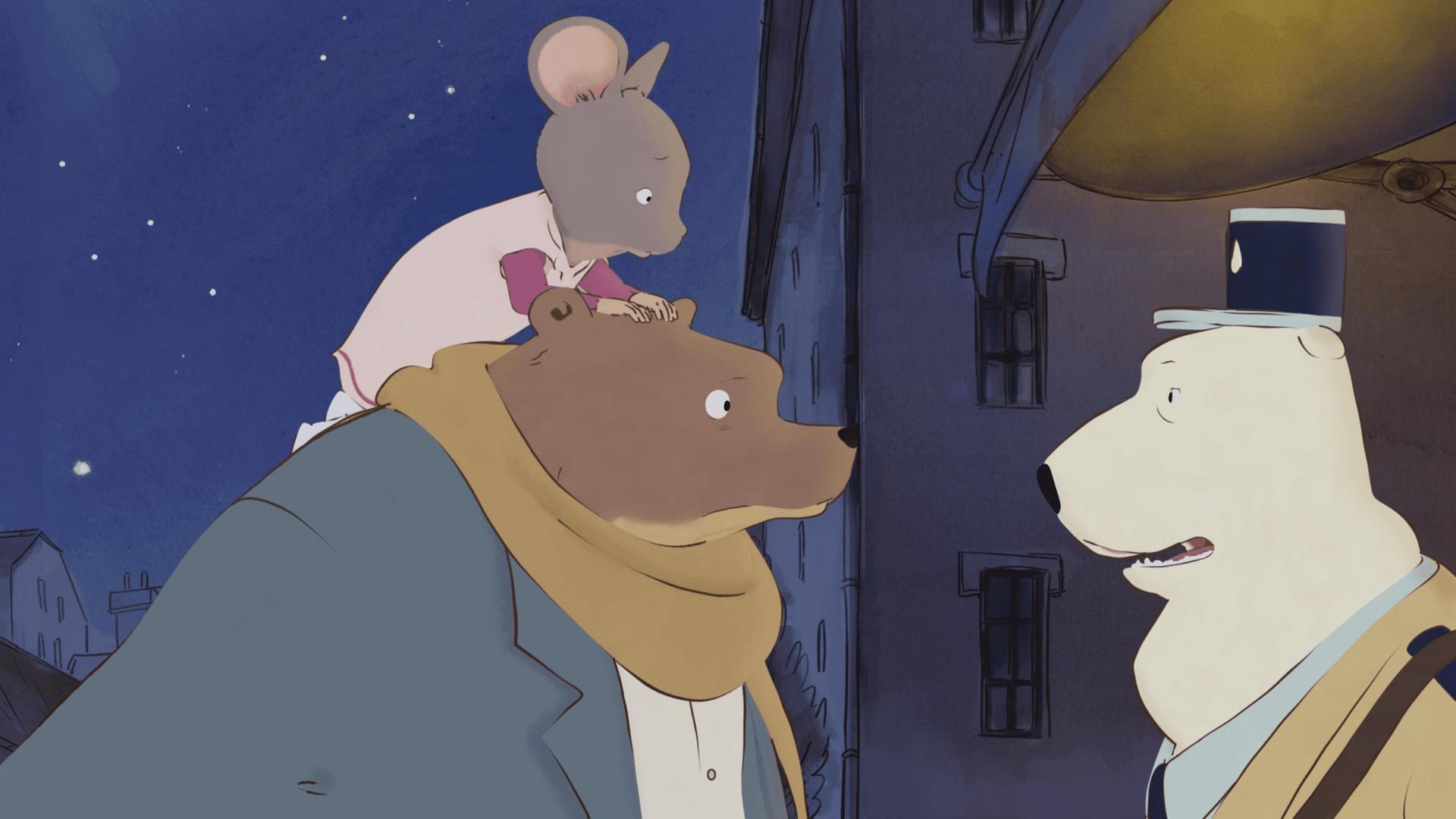 Es ist Abend, Sterne stehen am Himmel. Celestine sitzt auf Ernests Schulter. Der Polizist Jean-Lou steht den beiden gegenüber.