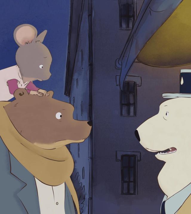 Es ist Abend, Sterne stehen am Himmel. Celestine sitzt auf Ernests Schulter. Der Polizist Jean-Lou steht den beiden gegenüber.