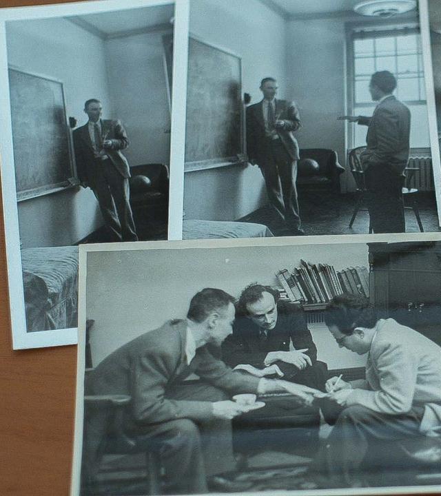 Montage von Schwarz-Weiß-Fotos: Sechs Fotos von Oppenheimer in den Archiven des "Institute for Advanced Study" in Princeton liegen neben- und übereinander. Sie zeigen Oppenheimer im Gespräch mit weiteren Personen.