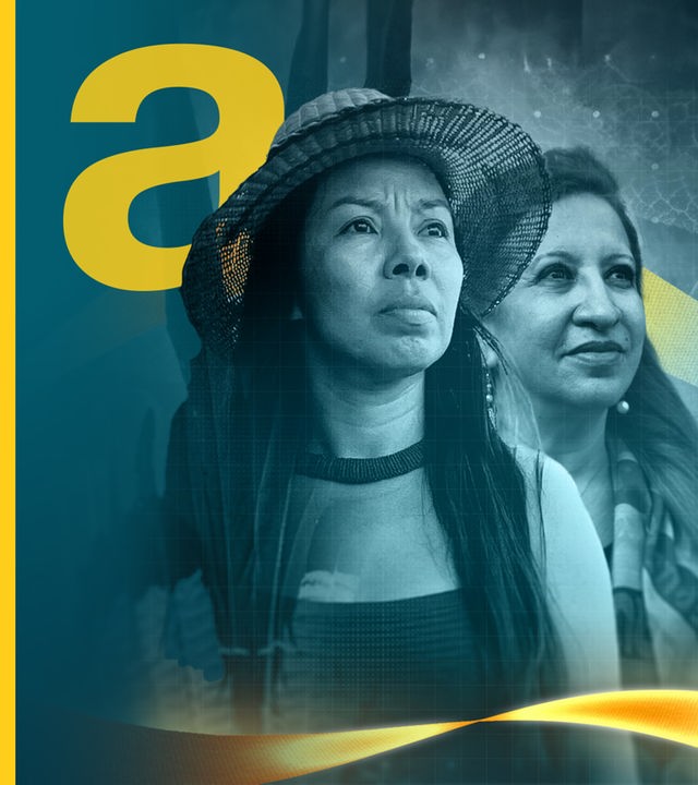 Vanda und Kátia, Stimmen der indigenen Frauenbewegung Brasiliens, daneben Schriftzüge "FIGHT - Gesichter der Stärke" und "Vanda & Kátia - Stimme der Ausgebeuteten"