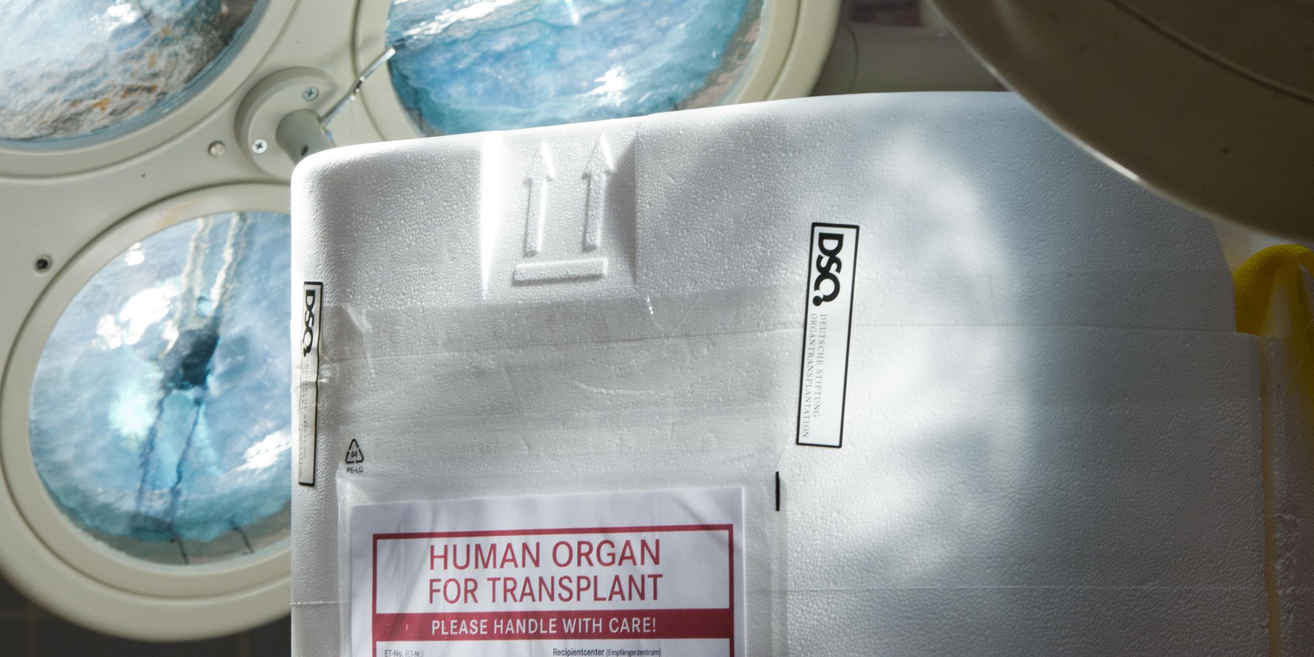 Archiv: Ein Styropor-Behälter zum Transport von zur Transplantation vorgesehenen Organen steht am 27.09.2012 in Berlin im Operationssaal eines Krankenhauses auf einem Tisch