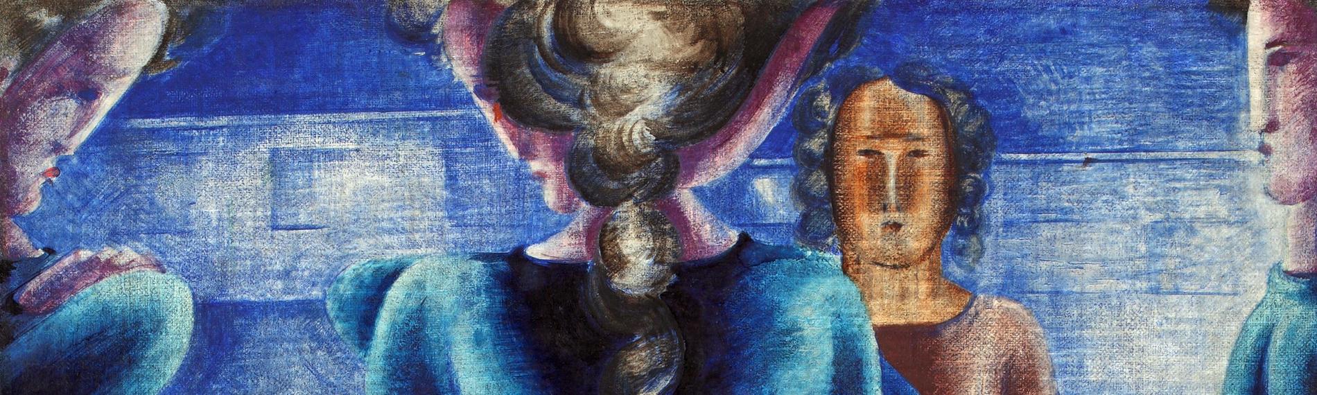 Oskar Schlemmer (1888 – 1943): Blaue Frauengruppe, 1931, 162,5 cm x 114 cm, Öl und Tempera auf Rupfen