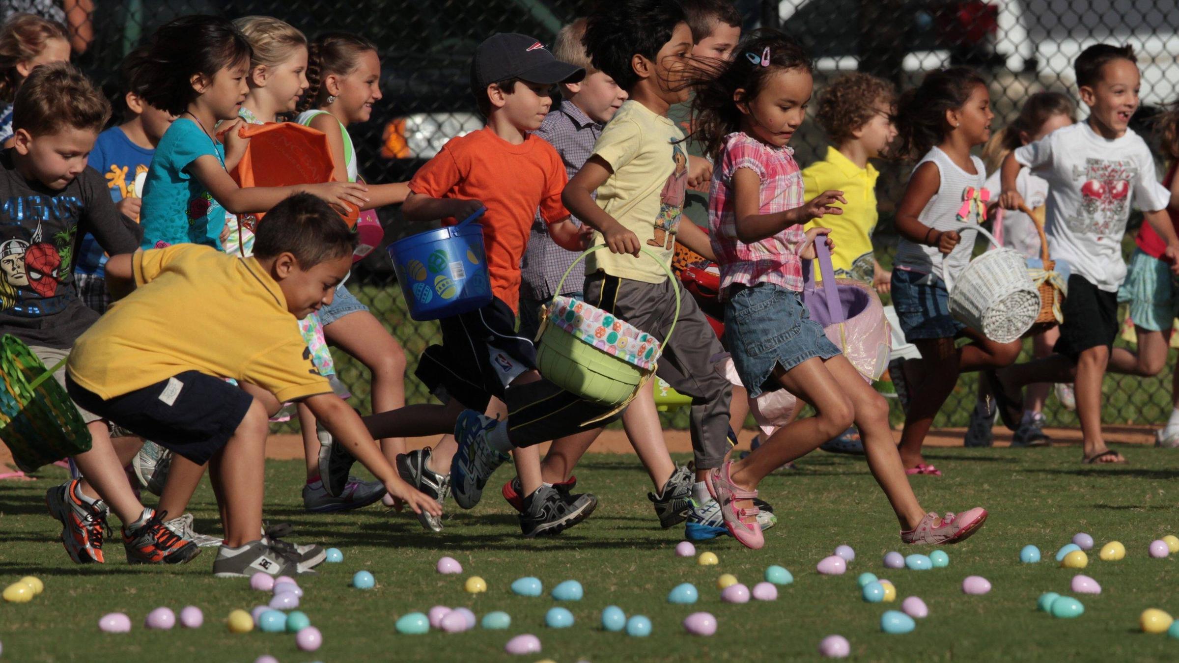 Viele Kinder rennen auf eine Wiese zum Ostereiersuchen